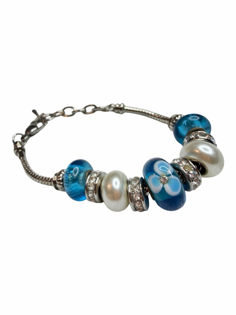 Silver Charm Bracelet with Blue Glass & Pearl Beads